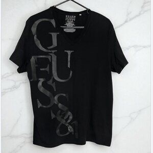 Guess Men’s Black V-Neck T-Shirt with Bold Logo Print – Size L